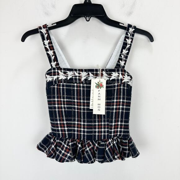 FANM MON Tweed Tartan Plaid Embroidered Square Neck Peplum Top XS NWT - Picture 4 of 9